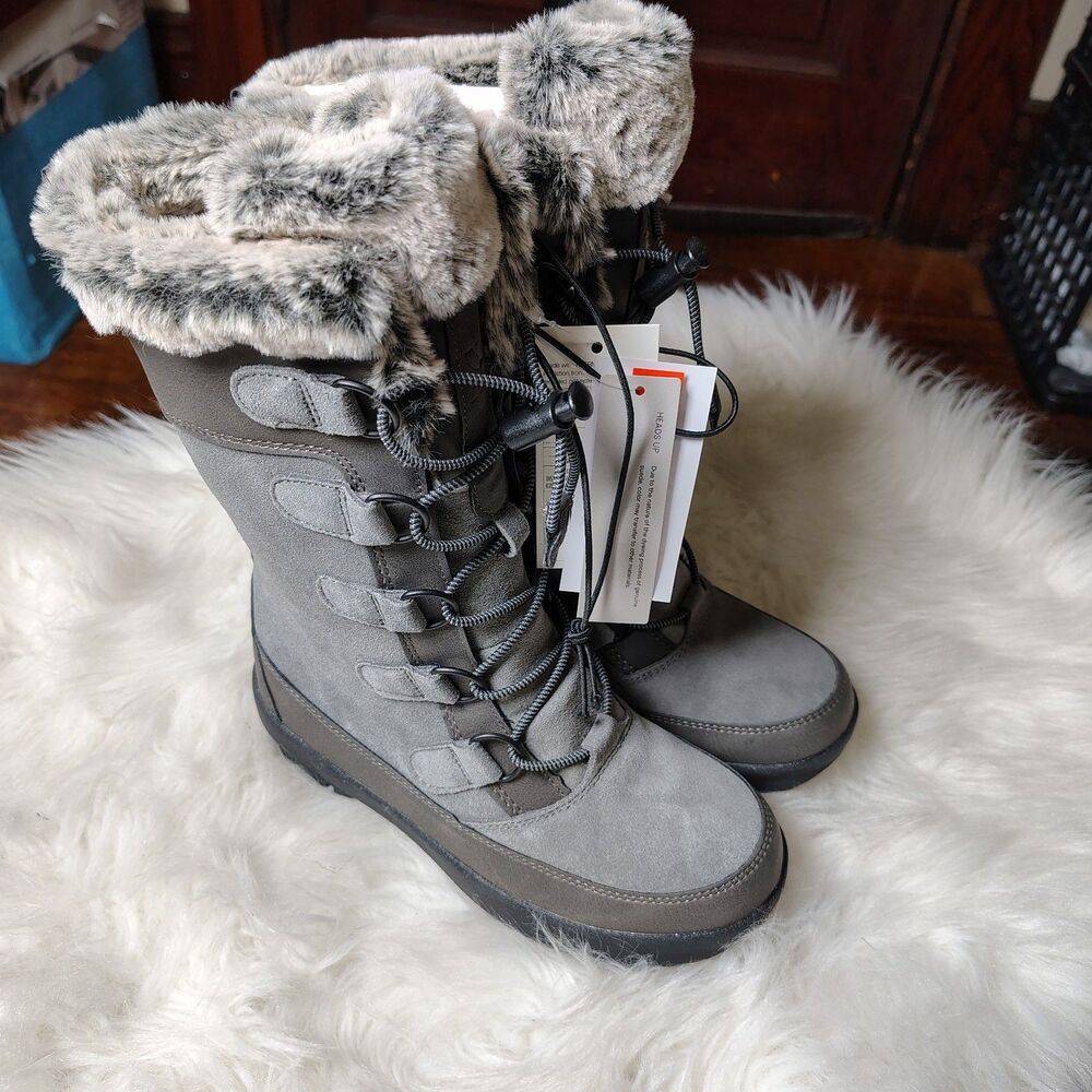 Grey Faux Fur Lined Waterproof Leather Suede Snow Boots Girls Size 1 Nwts